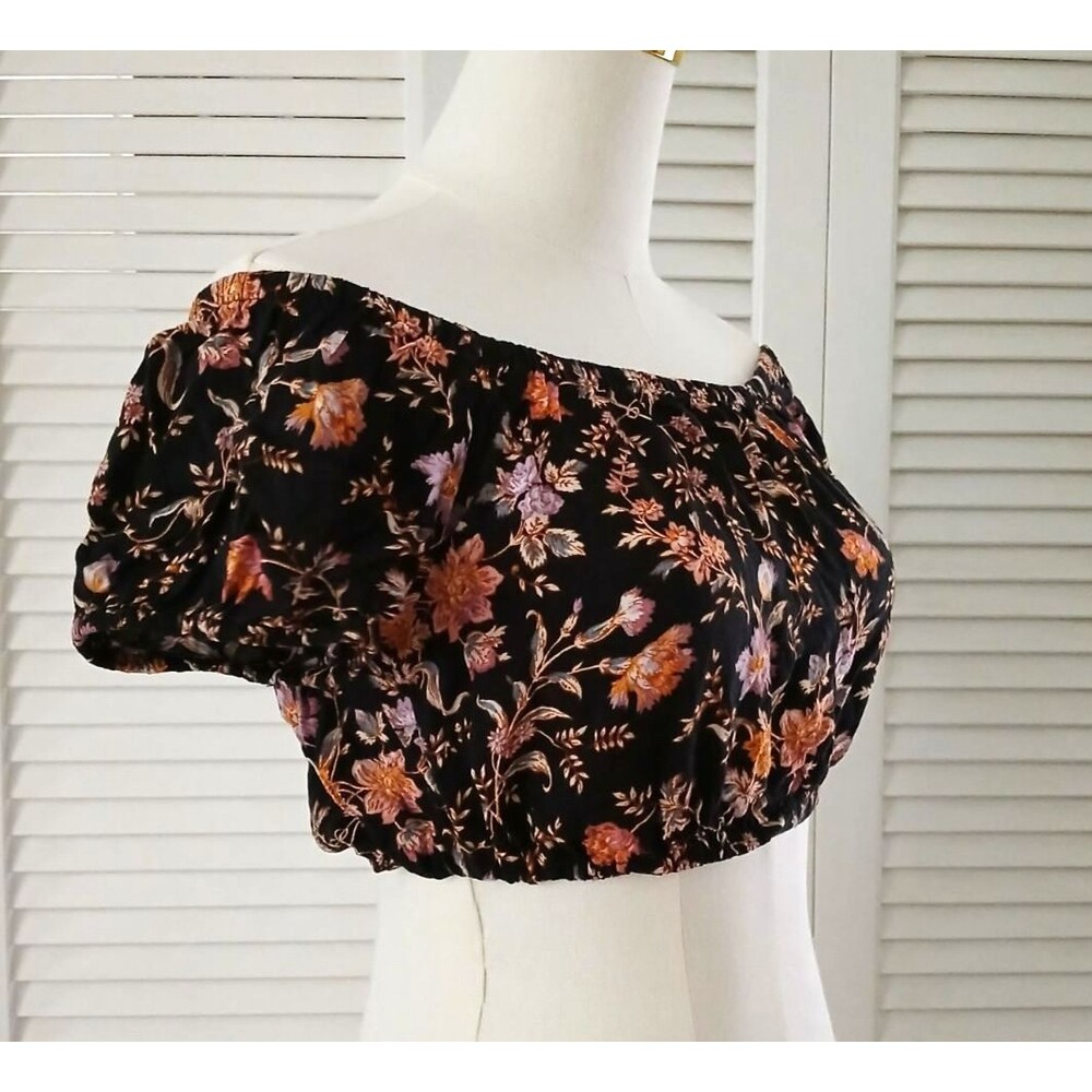 American Eagle Outfitters Floral Crop Top Elastic Waist Short Sleeves Size XS - Picture 4 of 9